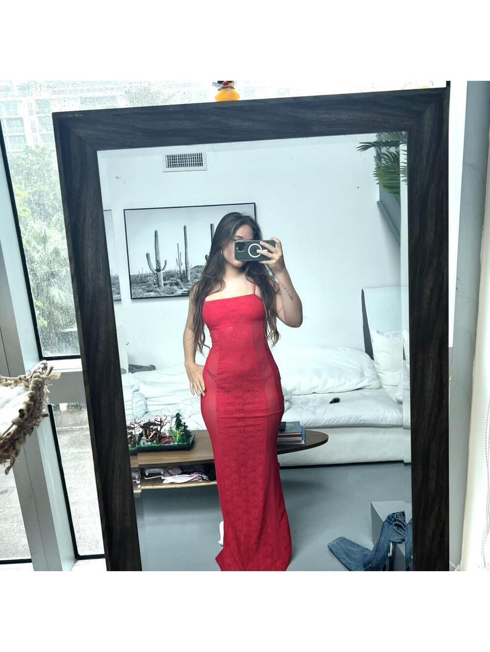 Red sheer long lace dress